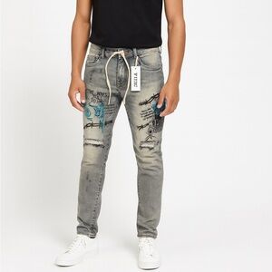 THRT Men's Skinny Jeans Gray with Blue black spider web Accents